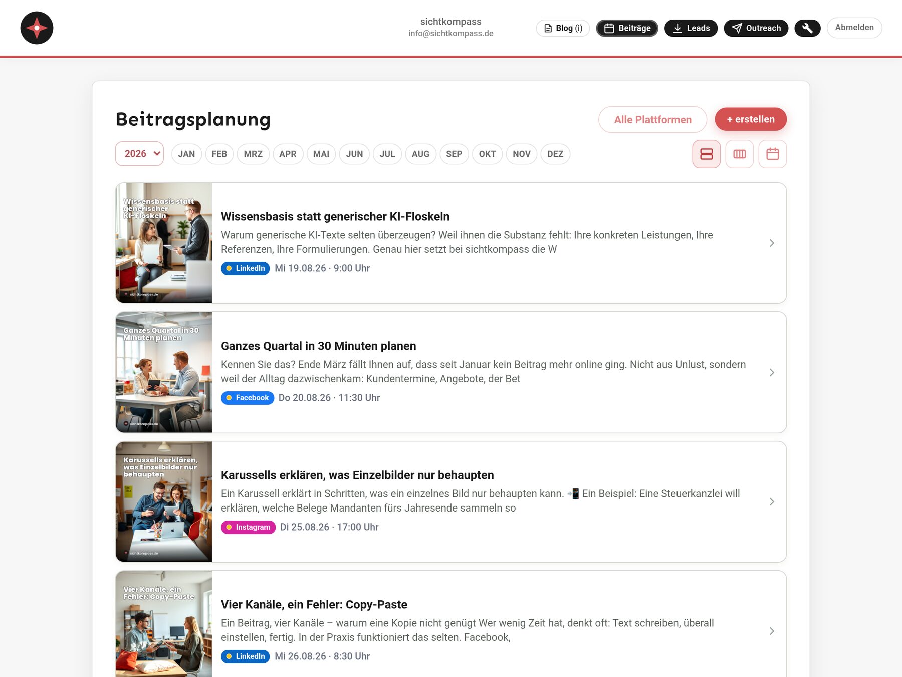 Beitragsliste in sichtkompass: fertige Beiträge mit erzeugtem Bild, Text, Kanal und Termin
