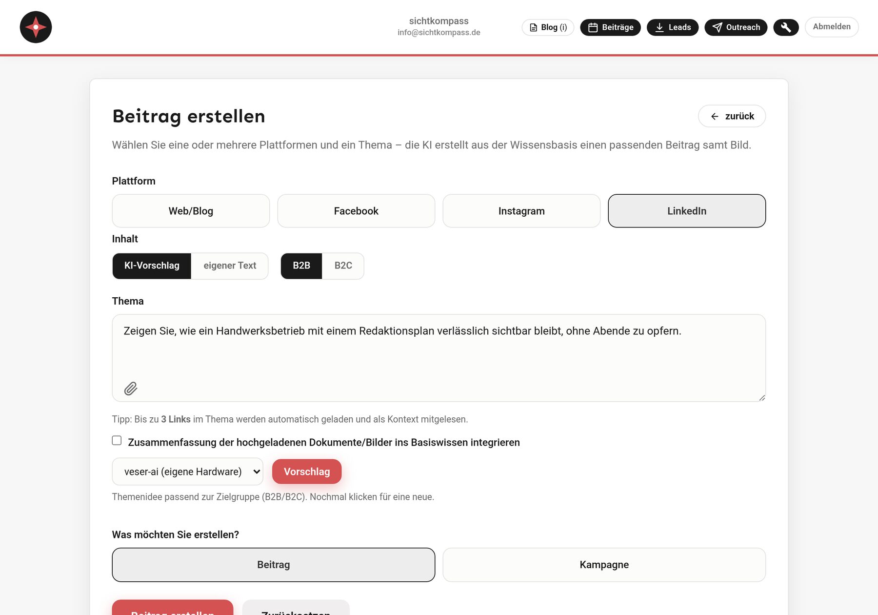 Maske „Beitrag erstellen“ in sichtkompass: Auswahl der Plattform, Zielgruppe B2B oder B2C und Eingabefeld für das Thema